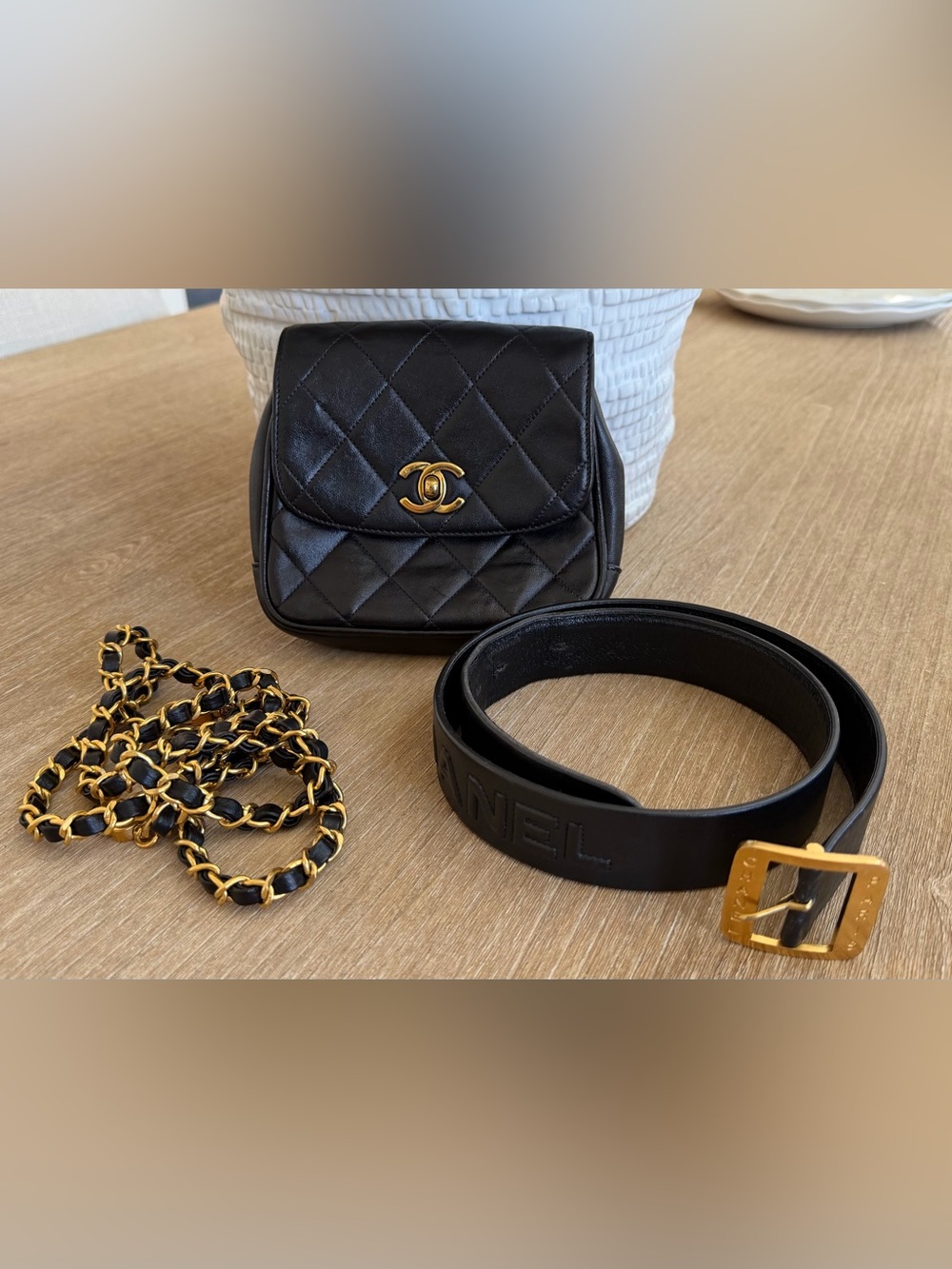 CHANEL Black Quilted Leather belt waist bag with Crossbody strap Gold CC lock